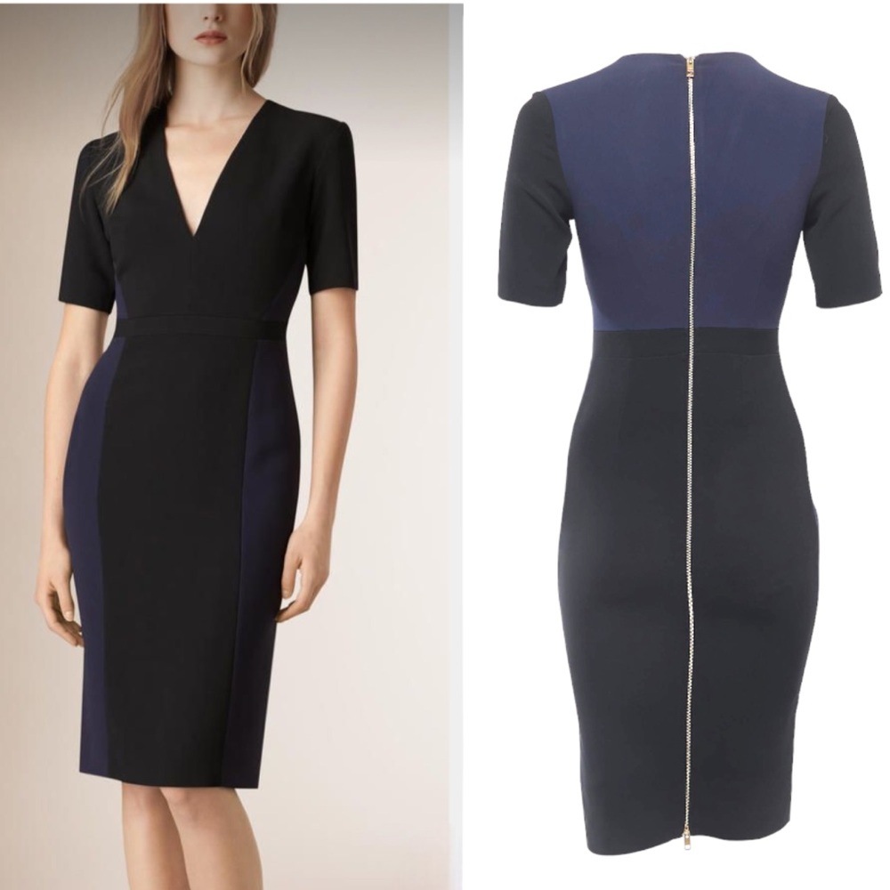BURBERRY Navy & Black Two Tone V-Neck Sheath Dress - Size 6